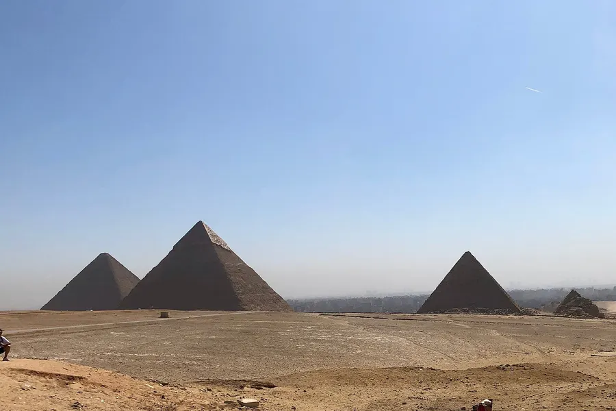 The Giza pyramids across the desert plateau