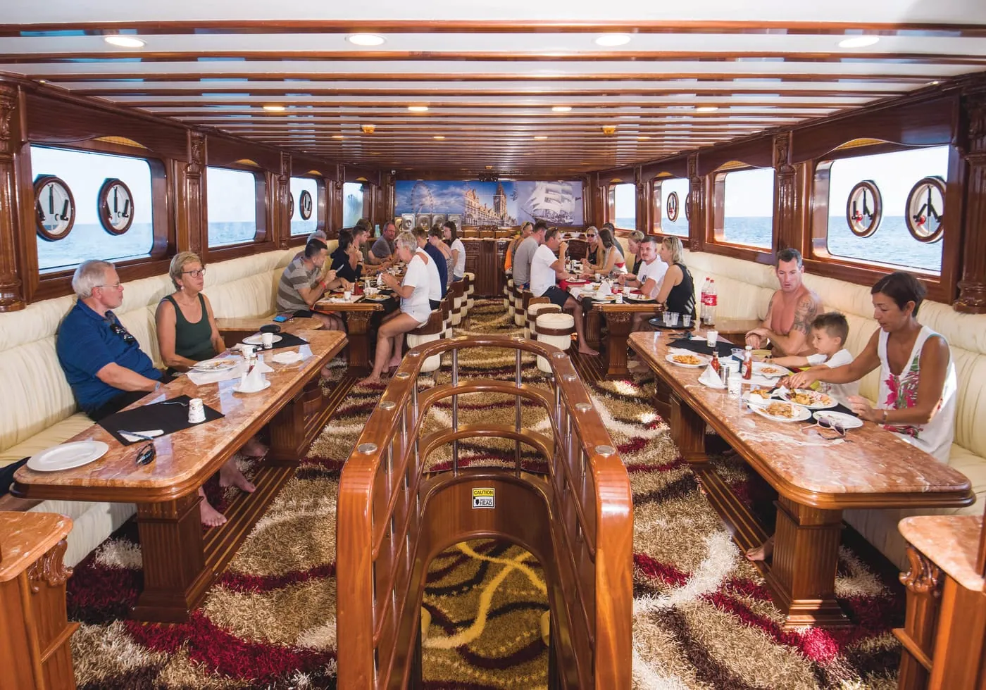 The indoor saloon of the VIP Cruise boat