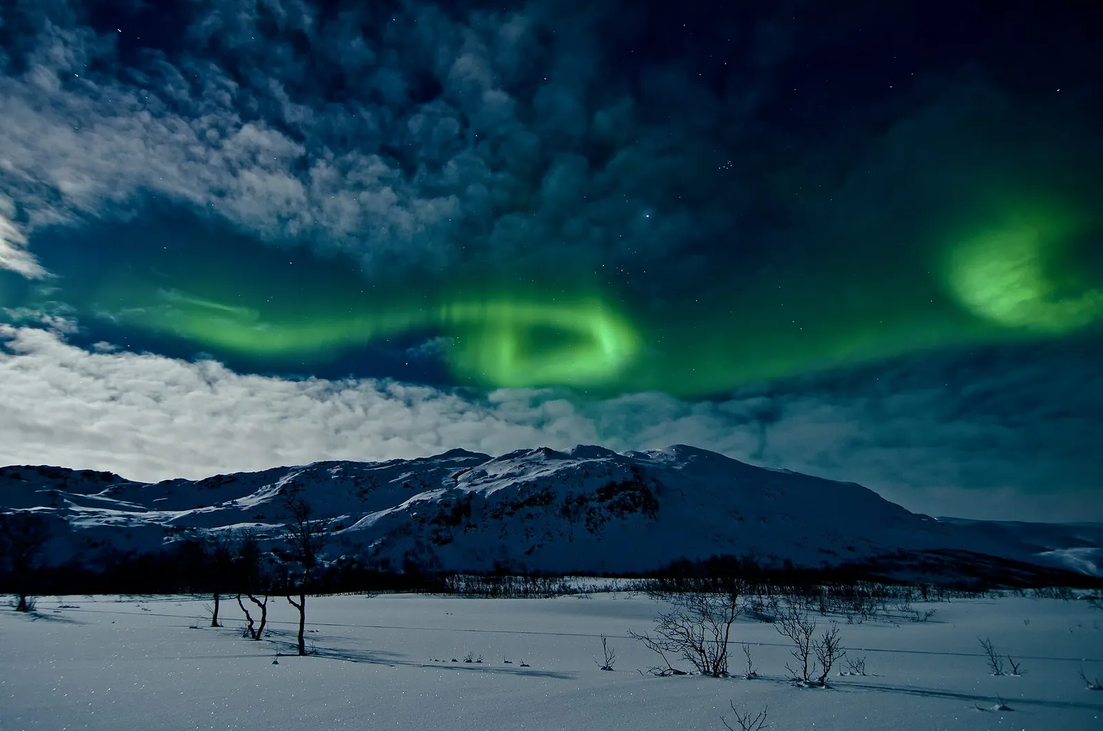 The northern lights over snowy mountains near Tromsø, Norway